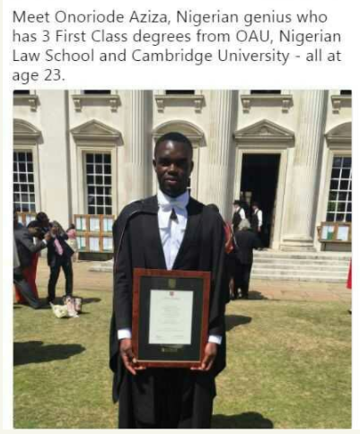 Onoriode Aziza Has 3 First Class In Law From OAU, Law School & Cambridge