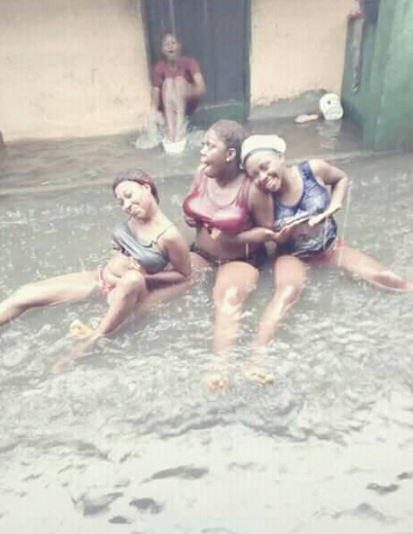 Slay Queens Turn Flooded Area Into Swimming Pool During Rainfall
