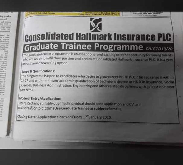 Jobs: Graduate Trainee Programme by Consolidated Hallmark Insurance PLC