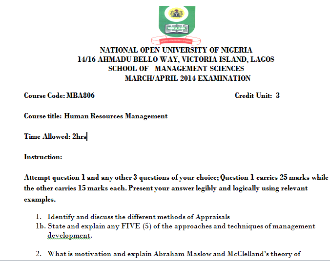 MBA806 Past Questions April 2014 (NOUN)